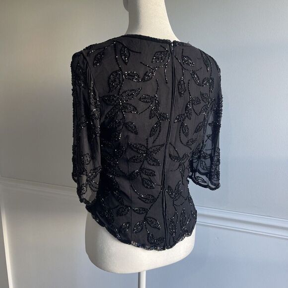 Vintage Small Beaded Black Blouse Sheer Sleeve Goth Steampunk Prom Event Lined - Picture 6 of 14
